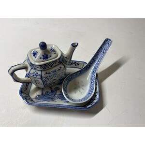 Vintage Asian Miniature Teapot and Soup Spoon Set Blue White Trinket Dish